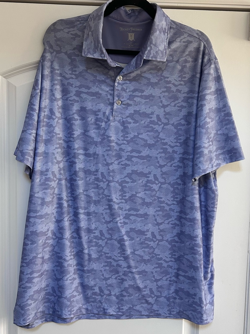 Hickey Freeman Men’s XL Golf 3 Button Polo Shirt Blue Camo Stretch Performance